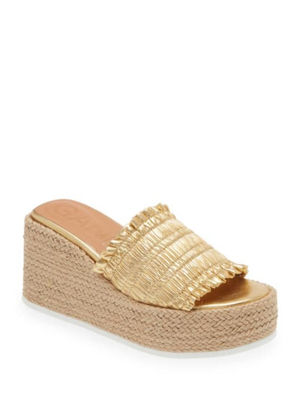 Ganni Smocked Espadrille Platform Wedge Slide Sandal Gold Size 38